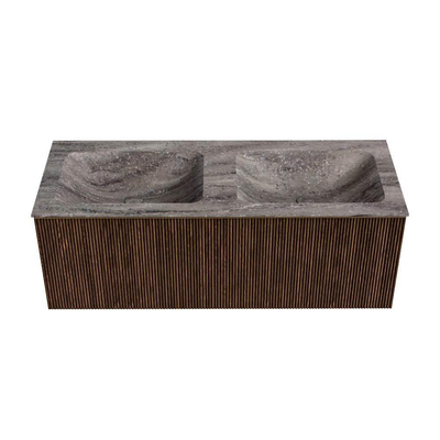 MONDIAZ KURVE-DLUX 120cm badmeubel kleur Walnut met 1 lade en 0 deuren. Wastafel LEAF Dubbel 2 kraangaten Oza.