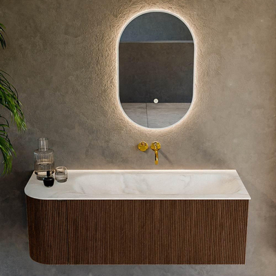MONDIAZ KURVE-DLUX meuble de salle de bains 125 cm avec module 25 L couleur Walnut avec 1 tiroir et 1 porte. Lavabo BIG MEDIUM à droite sans trou de robinet couleur Ostra.