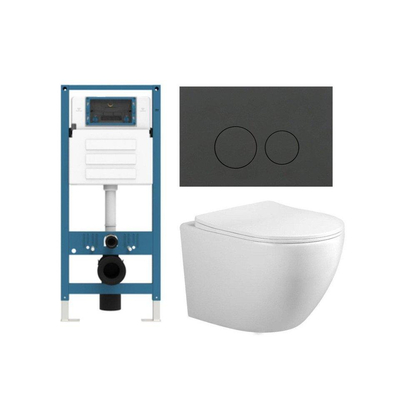 FugaFlow Eccelente Press Toiletset - 48.5x36x32cm - diepspoel - spoelrandloos - inbouwreservoir - softclose - quickrelease - toiletzitting - mat antraciet kunststof bedieningsplaat - ronde knoppen - wit