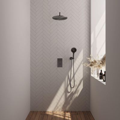 Brauer Gunmetal Edition Douche pluie thermostatique avec pommeau 30cm et bras mural courbé 40cm et douchette Rond 3 jet flexible lisse avec coude mural Gunmetal brossé PVD