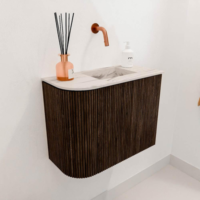 Mondiaz JOYA-DLUX 51.6cm toiletmeubel - ronding links kleur Walnut - Wastafel FAYE positie Rechts Zonder kraangat kleur Nata.