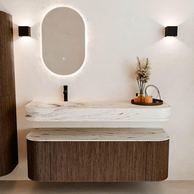 MONDIAZ THOR-DLUX 140cm meuble de salle de bains arrondi gauche + droite couleur Walnut avec 1 tiroir et 2 portes. Vasque suspendue CLOUD gauche 1 trou de robinet couleur Nata.