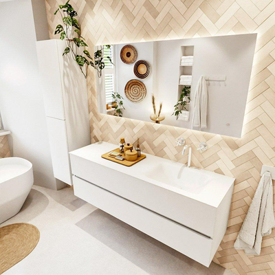 MONDIAZ VICA meuble sous lavabo 150cm Talc 2 tiroirs. Lavabo CLOUD droite 1 trou de robinet, couleur Talc.
