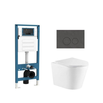 QeramiQ Dely Ensemble WC - réservoir encastré Qeramiq Flush - abattant slim - plaque de commande en pierre naturelle marbre foncé - boutons ronds - blanc brillant