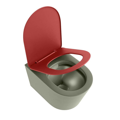 Mondiaz LAVIE hangtoilet – spoelrandloos – 36 x 53 cm – met softclose zitting – Army (groen), zitting Fire (rood)