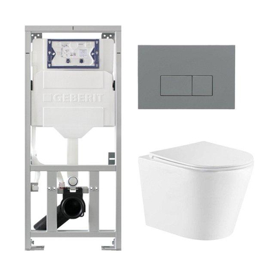 QeramiQ Dely Pack WC suspendu - 36.3x51.7cm - rimless - bâti-support Geberit UP320 - abattant softclose - plaque de commande gris clair - boutons rectangulaires - blanc brillant