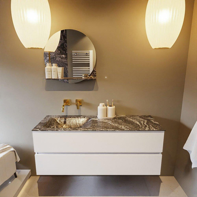 Mondiaz VICA-DLUX ensemble de meuble de salle de bain - 130cm - meuble sous lavabo talc - 2 tiroirs - lavabo encastré cloud gauche - sans trous de robinet - miroir modèle spot - version XL 60cm haut - lave