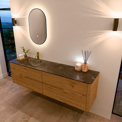 Mondiaz CIRO-DLUX Meuble de salle de bains - 180x45x50cm - Lavabo solid surface Lava - 1 vasque à gauche - 1 trou de robinet - 4 tiroirs - Chêne