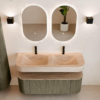 MONDIAZ THOR-DLUX 130cm meuble de salle de bains arrondi gauche + droite couleur Shadow avec 1 tiroir et 2 portes. Vasque suspendue CLOUD Double 2 trous de robinet couleur Saba.