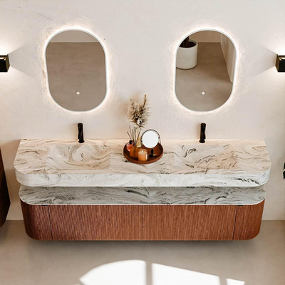 MONDIAZ THOR-DLUX 200cm meuble de salle de bains arrondi gauche + droite couleur Ruby avec 2 tiroirs et 2 portes. Vasque suspendue CLOUD Double 2 trous de robinet couleur Glace.