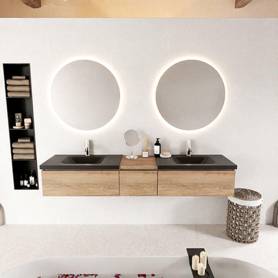 MONDIAZ BUKLA 200cm ensemble de meuble avec module 40 couleur Chêne blanchi avec 3 tiroirs. Lavabo CLOUD double 2 trous de robinet couleur Urbaine.