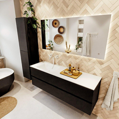 MONDIAZ VICA meuble sous lavabo 150cm Urban 2 tiroirs. Lavabo CLOUD gauche 1 trou de robinet, couleur Talc.