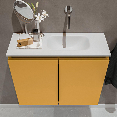 MONDIAZ TURE Toiletmeubel 60x23x50cm met 0 kraangaten 2 deuren ocher mat Wastafel Eden rechts Solid Surface Wit