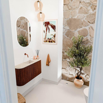 Mondiaz JOYA-DLUX 83.2cm toiletmeubel - ronding links en rechts kleur Ruby - Wastafel FAYE positie Midden Zonder kraangat kleur Frappe.