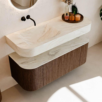 MONDIAZ THOR-DLUX Meuble de salle de bains 120cm arrondi gauche + droite couleur Walnut avec 1 tiroir et 2 portes. Vasque suspendue CLOUD Gauche sans trou de robinet couleur Ostra.