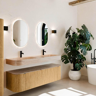 MONDIAZ THOR-DLUX 160cm meuble de salle de bains arrondi gauche + droite couleur Oak avec 1 tiroir et 2 portes. Vasque suspendue CLOUD Double 2 trous de robinet couleur Saba.