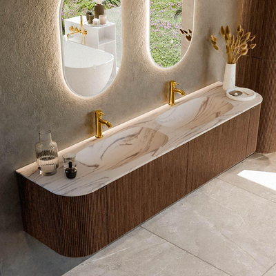 MONDIAZ KURVE-DLUX Meuble de salle de bains 190cm arrondi Gauche + Droite couleur Walnut avec 2 tiroirs et 2 portes. Lavabo STOR SMALL Double 2 trous de robinet Nata.