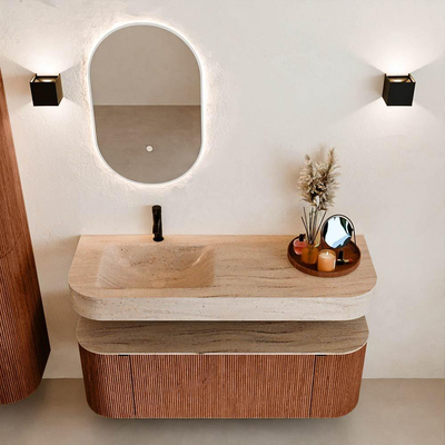 MONDIAZ THOR-DLUX 130cm meuble de salle de bains arrondi gauche + droite couleur Ruby avec 1 tiroir et 2 portes. Vasque suspendue CLOUD Gauche 1 trou de robinet couleur Saba.