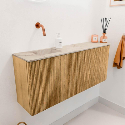 Mondiaz JOYA-DLUX 101.6cm toiletmeubel - ronding rechts kleur Oak - Wastafel FAYE positie Links Zonder kraangat kleur Frappe.