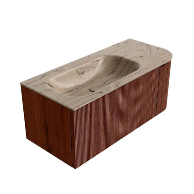 MONDIAZ KURVE-DLUX 105cm meuble de salle de bains courbure droite couleur Ruby avec 1 tiroir et 1 porte. Lavabo BIG SMALL gauche 1 trou de robinet Arena.