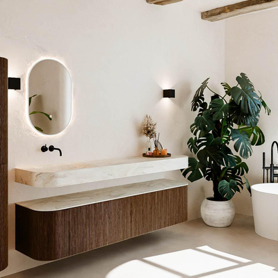 MONDIAZ THOR-DLUX Meuble de salle de bains - 190cm - arrondi gauche + droite - couleur Walnut - 2 tiroirs et 2 portes - Vasque suspendue CLOUD Gauche sans trou de robinet - couleur Ostra