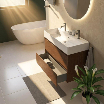 Saniclass Holz Pure Ensemble de meubles de salle de bains - 100x45x72cm - Legend lavabo en céramique blanc - 1 vasque - 2 trous de robinetterie - 2 tiroirs - walnut pure mat (bois)