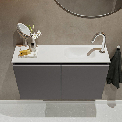 MONDIAZ TURE Kit lave-mains - 80x23x50cm - 1 trou de robinet - 2 portes - gris foncé mat - Lavabo à droite - Acrylique Blanc
