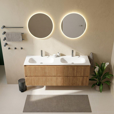 Saniclass Holz Atelier Ensemble meuble de salle de bains - 160x45x61.5cm - lavabo Flow en solid surface blanc - 2 vasques - 2 trous de robinetterie - 4 tiroirs - chêne natural mat (bois)