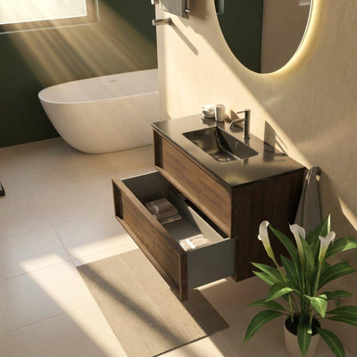 Saniclass Holz Frame Ensemble de meubles de salle de bains - 100x45x62cm - lavabo Vygo en céramique noir - 1 vasque - 1 trou de robinetterie - 2 tiroirs - chêne charcoal mat (bois)