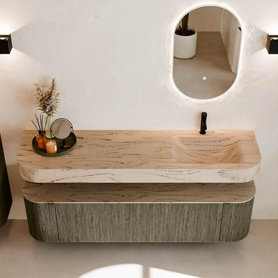 MONDIAZ THOR-DLUX Meuble de salle de bains 170cm arrondi gauche + droite couleur Shadow avec 1 tiroir et 2 portes. Vasque suspendue CLOUD Droite 1 trou de robinet couleur Arena.