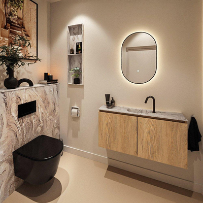 MONDIAZ TURE-DLUX Meuble toilette - 100cm - Washed Oak - EDEN - vasque Glace - position centrale - 1 trou de robinet