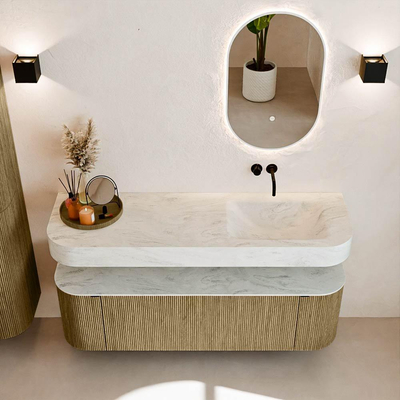 MONDIAZ THOR-DLUX 150cm meuble de salle de bains arrondi gauche + droite couleur Dusk avec 1 tiroir et 2 portes. Vasque suspendue CLOUD Droite sans trou de robinet couleur Opalo.