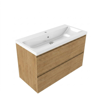 Saniclass Holz Pure Ensemble meuble de salle de bains - 100x45x63.5cm - Lavabo en céramique Bari blanc - 1 vasque - 1 trou de robinet - 2 tiroirs - chêne naturel mat (bois)