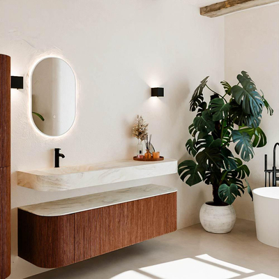 MONDIAZ THOR-DLUX 160cm meuble de salle de bains arrondi gauche + droite couleur Ruby avec 1 tiroir et 2 portes. Vasque suspendue CLOUD Gauche 1 trou de robinet couleur Ostra.