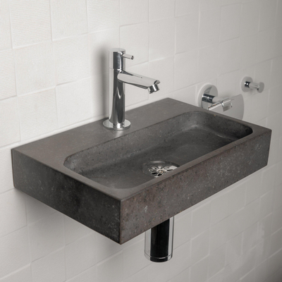 Differnz ensemble de lavabo - 38x24x8cm - Rectangulaire - 1 trou de robinet - Chromé - Pierre naturelle noire