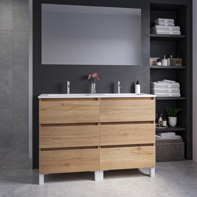 Adema Chaci PLUS Ensemble de meuble - 119x86x45.9cm - 2 vasques en céramique Blanc - 2 trous de robinet - 6 tiroirs - miroir rectangulaire - Cannelle