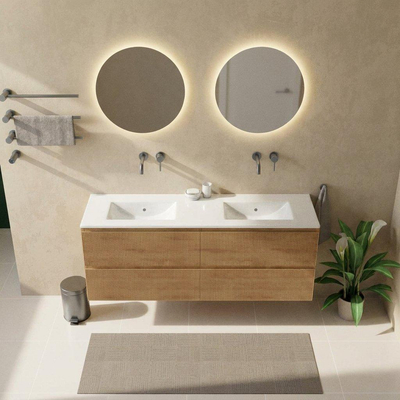 Saniclass Holz Atelier Ensemble meuble de salle de bains - 160x45x62cm - Lavabo Vygo en céramique blanc - 2 vasques - sans trous de robinetterie - 4 tiroirs - chêne natural mat (bois)