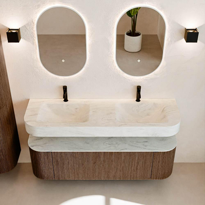 MONDIAZ THOR-DLUX 150cm meuble de salle de bains arrondi gauche + droite couleur Walnut avec 1 tiroir et 2 portes. Vasque suspendue CLOUD Double 2 trous de robinet couleur Opalo.