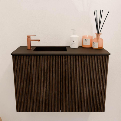 Mondiaz JOYA 60cm toiletmeubel - kleur Walnut - Wastafel FAYE positie Links 1 kraangat kleur Urban.