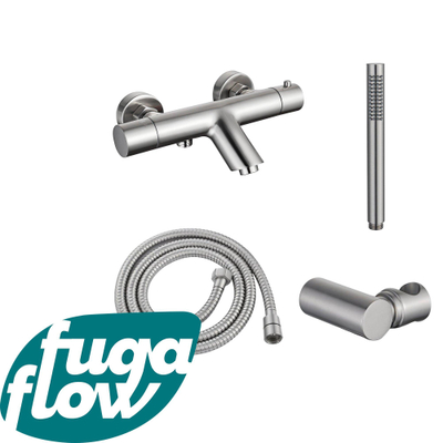 FugaFlow Eccelente Sobrado Robinet de baignoire thermostatique avec douchette stick, support et flexible en métal Inox brossé PVD