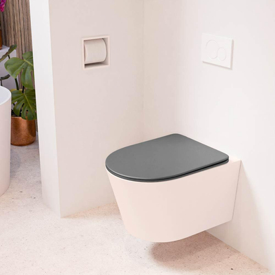 Mondiaz LAVIE hangtoilet – spoelrandloos – 36 x 53 cm – met softclose zitting – Rosee (roze), zitting Dark grey (grijs)