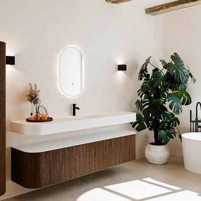 MONDIAZ THOR Meuble de salle de bains 190cm arrondi gauche + droite couleur Walnut avec 2 tiroirs et 2 portes. Vasque suspendue CLOUD Milieu 1 trou de robinet couleur Talc.