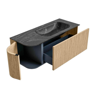 MONDIAZ KURVE-DLUX Meuble de salle de bains 115 cm avec module 25 L couleur Oak avec 1 tiroir et 1 porte. Lavabo BIG SMALL à droite sans trou de robinet couleur Lava.