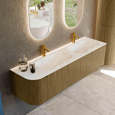 Ensemble de meuble de salle de bain Mondiaz KURVE-DLUX - 165x46x40cm - 2 tiroirs - 1 porte - lavabo en solid surface - double / droite - 2 trous de robinet - Dusk