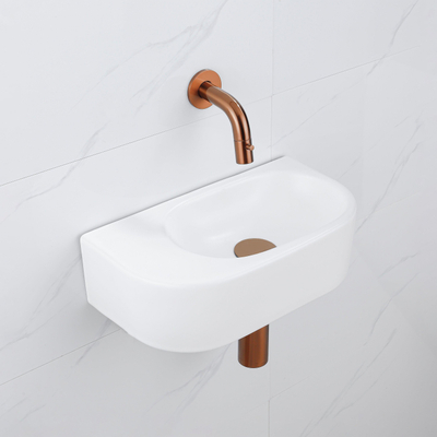 QeramiQ Fuente Fonteinset - 40x21.5x12cm - glad - halfrond - keramiek - fonteinkraan geborsteld koper - afvoerplug - verlaagd sifon - wit mat