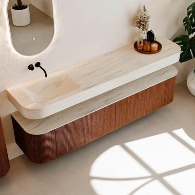 MONDIAZ THOR-DLUX 200cm meuble de salle de bains arrondi gauche + droite couleur Ruby avec 2 tiroirs et 2 portes. Vasque suspendue CLOUD Gauche sans trou de robinet couleur Meli.