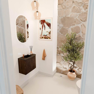 Mondiaz JOYA 51.6cm toiletmeubel - ronding rechts kleur Walnut - Wastafel FAYE positie Links 1 kraangat kleur Urban.