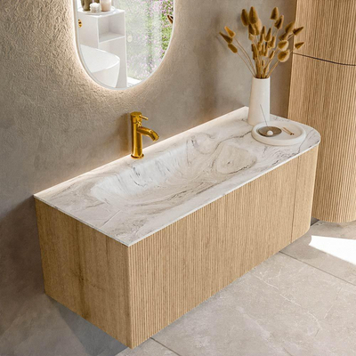 MONDIAZ KURVE-DLUX 115cm Meuble salle de bain avec module 25 D - couleur Oak - 1 tiroir - 1 porte - vasque BIG SMALL gauche - 1 trou de robinet - couleur Glace