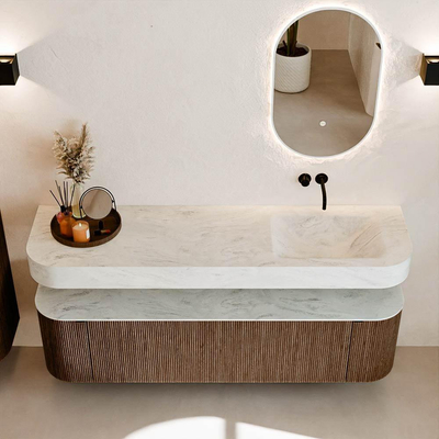 MONDIAZ THOR-DLUX Meuble de salle de bains - 170cm - arrondi gauche + droite - couleur Walnut - 1 tiroir et 2 portes - Vasque suspendue CLOUD Droite sans trou de robinet - couleur Opalo