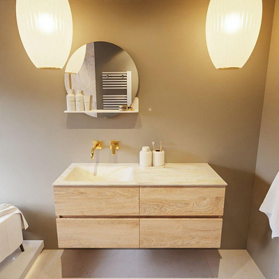 Mondiaz VICA-DLUX ensemble de meuble de salle de bain - 120cm - meuble sous-vasque chêne blanchi - 4 tiroirs - lavabo encastré cloud gauche - sans trous de robinet - miroir modèle spot - version XL 60cm de haut - ostra